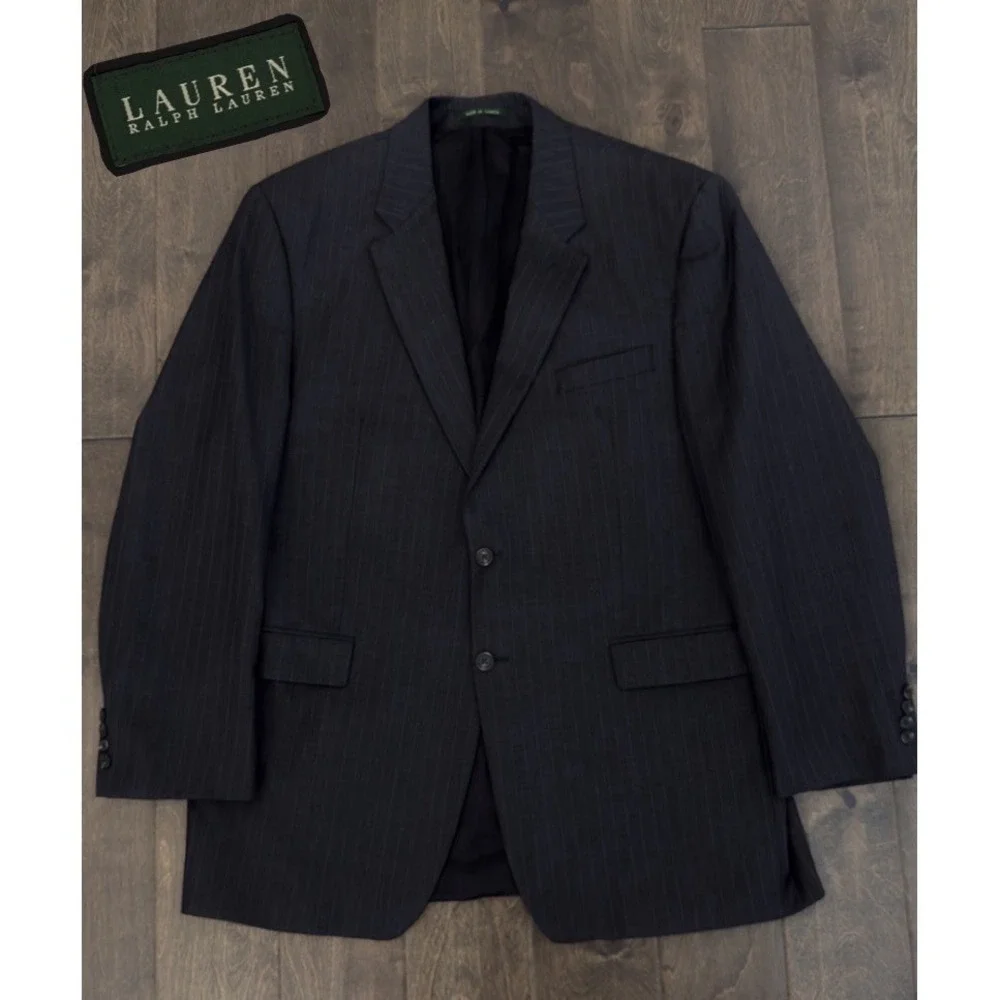 Ralph Lauren Mens Blazer Sports Jacket Coat Suit Size 46L Striped Dark Grey Wool